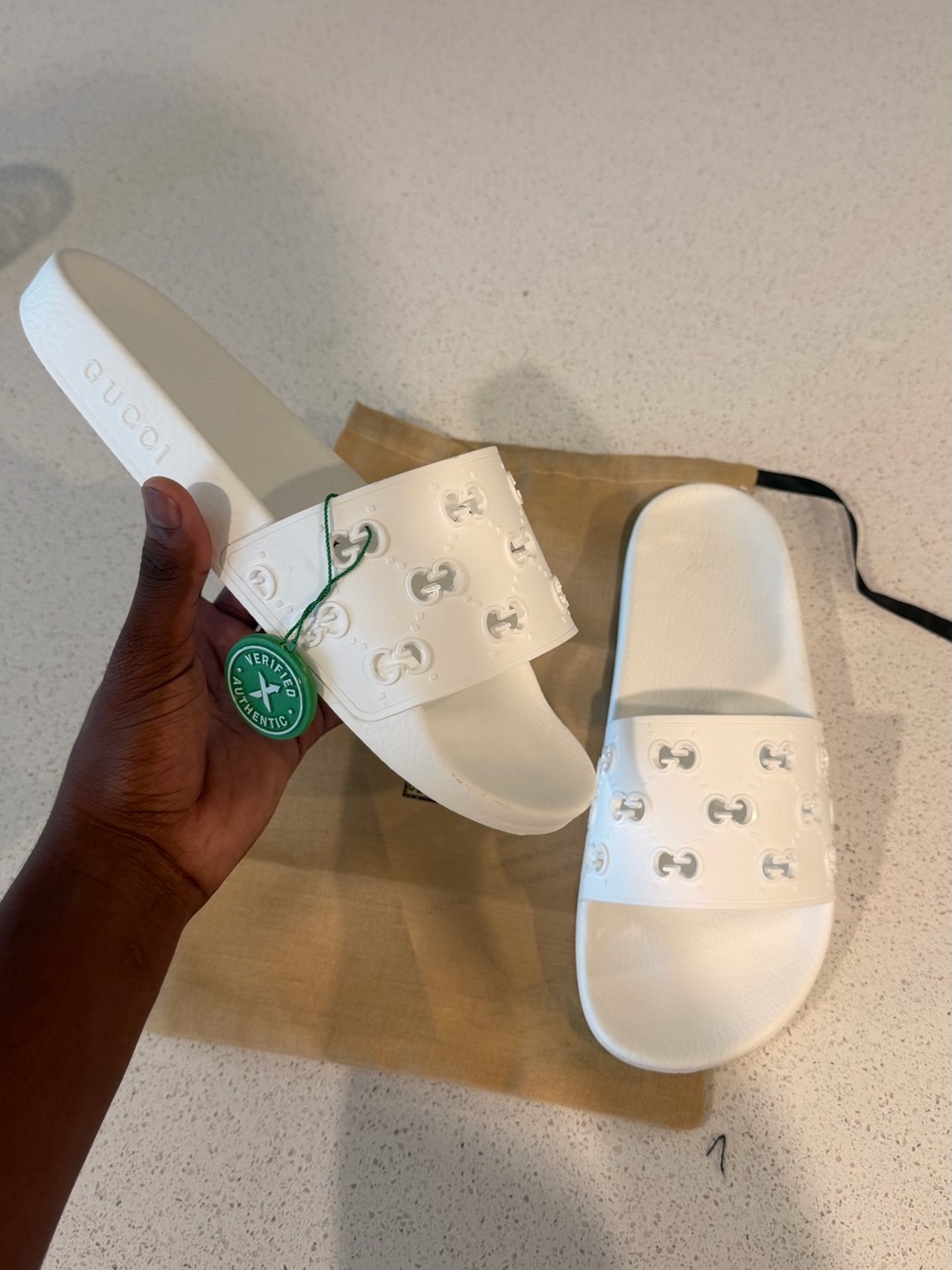 Gucci White Embossed Interlocking G Slide Sandals